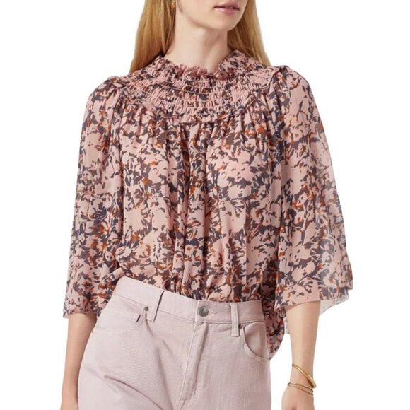 💕JOIE💕 Chelsse Short Sleeve 100% Silk Blouse Top ~ Pale Mauve Print L NWT - Picture 3 of 15